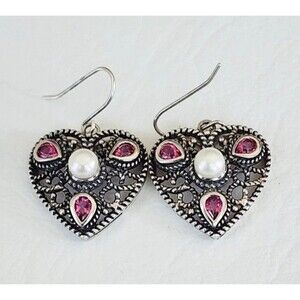 HI Sterling Silver 925 Ornate Filigree Heart Pearl Garnel Dangle Earrings